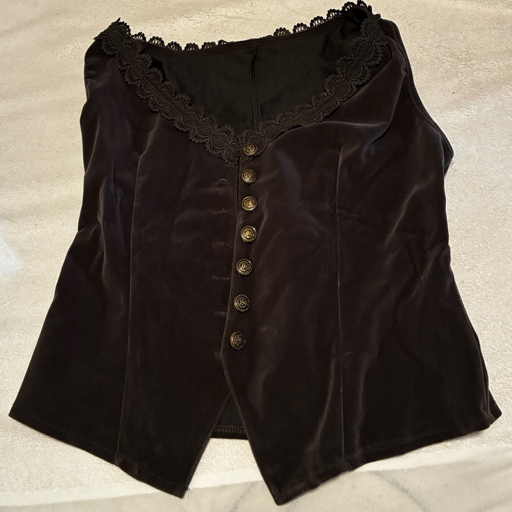 Black Lace-Trim Velvet Button Down Vest